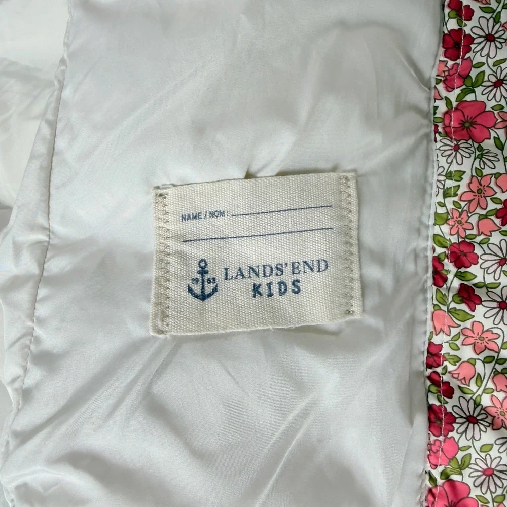 Lands End Girls Down Puffer Vest Kids Large 6X Pink Green Floral Quilted Preppy